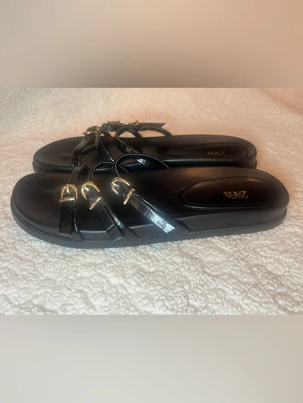 Zara Black Slide Sandals Buckle Strappy Flat Size 39 / US 8 - Picture 7 of 8
